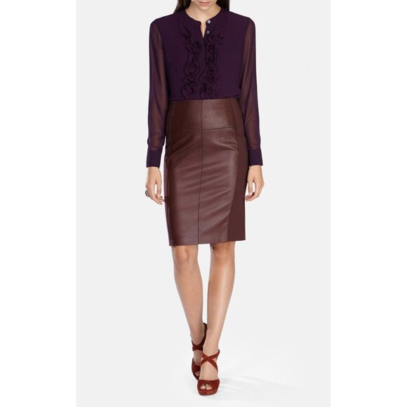 Karen Millen Dresses & Skirts - Karen Millen Leather Look Ponte Roma Pencil Skirt in Red Sz 4 Coated Knee Length